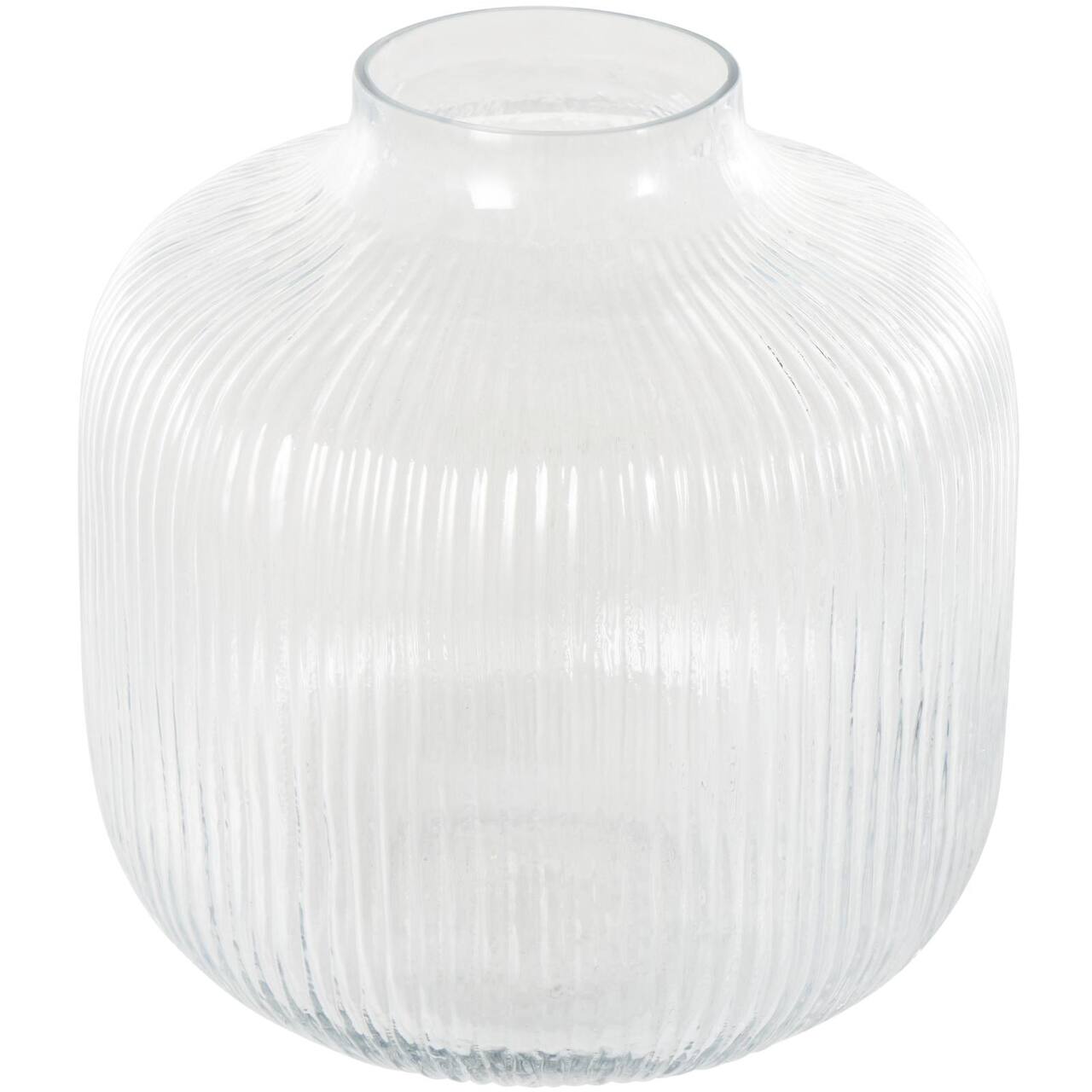 11" Clear Glass Short Round Ribbed Fluted Decorative Vase
